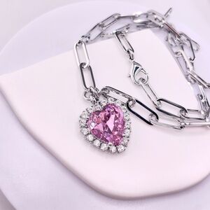 Rose Quartz Heart And Clear Crystals Silver Necklace
